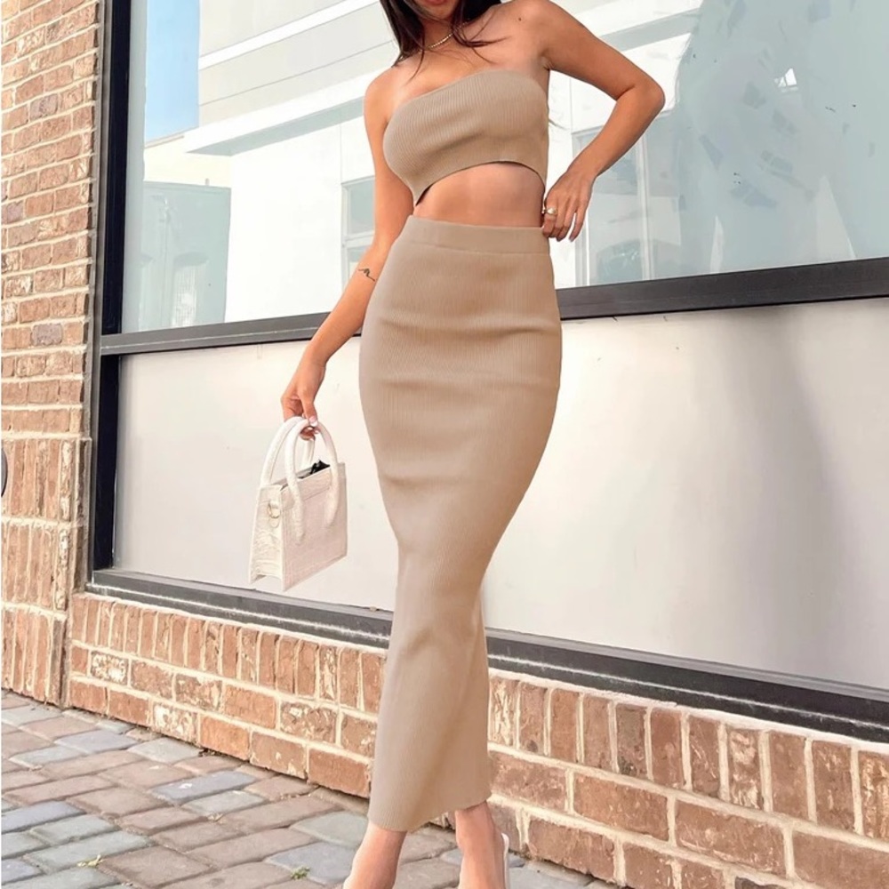 Princess Polly Beige Ribbed Strapless Cutout Skirt Set